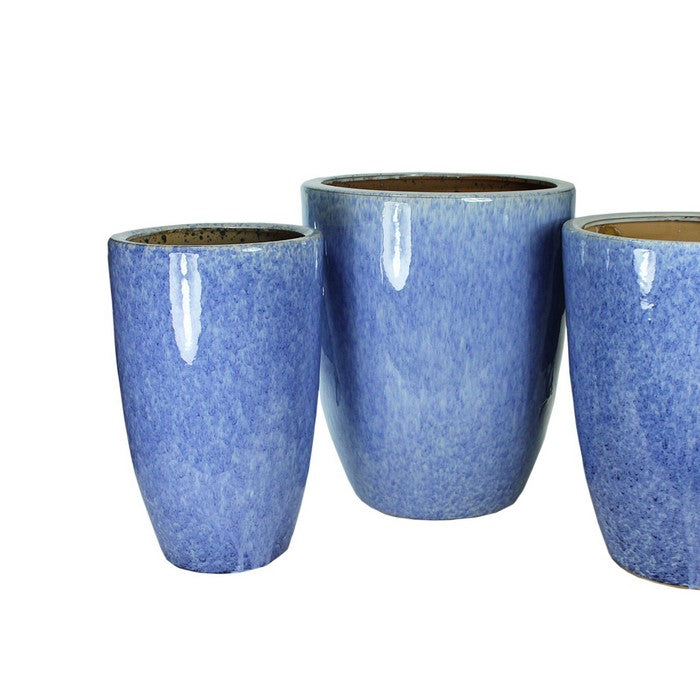 3 Piece Contemporary Style Round Ceramic Pot with Glazed Finish, Blue
