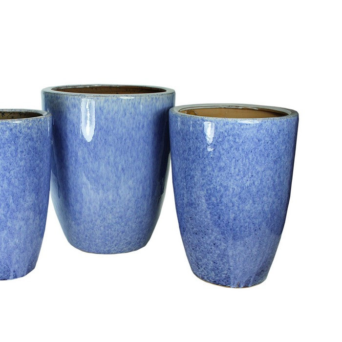 3 Piece Contemporary Style Round Ceramic Pot with Glazed Finish, Blue