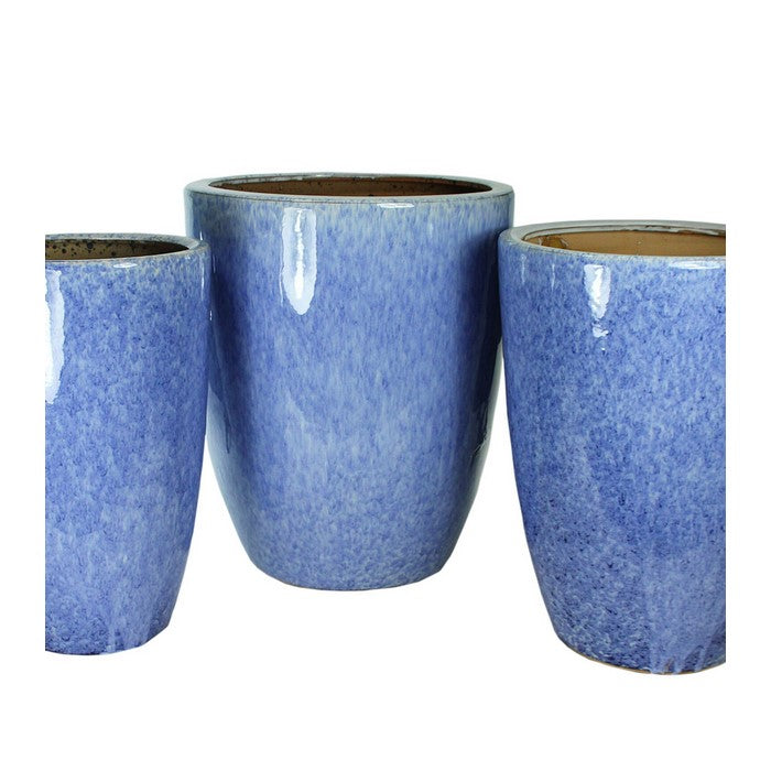 3 Piece Contemporary Style Round Ceramic Pot with Glazed Finish, Blue
