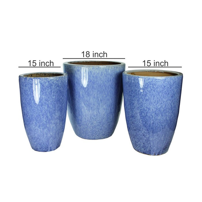 3 Piece Contemporary Style Round Ceramic Pot with Glazed Finish, Blue