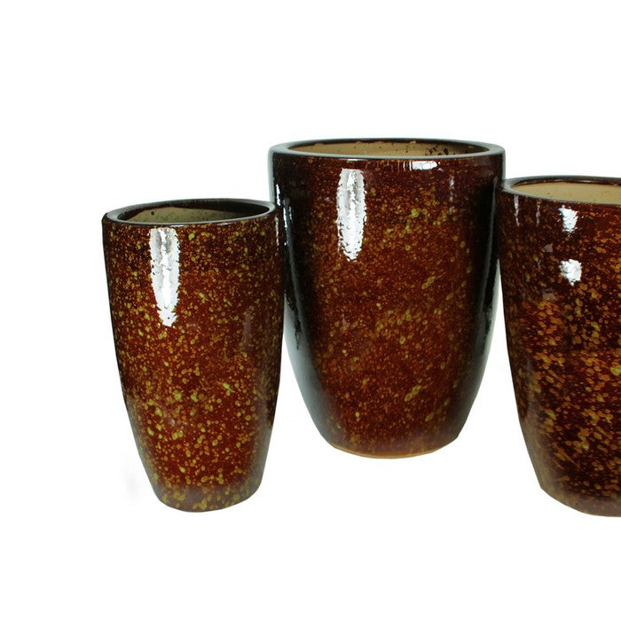 3 Piece Contemporary Style Round Glazed Ceramic Pot, Brown