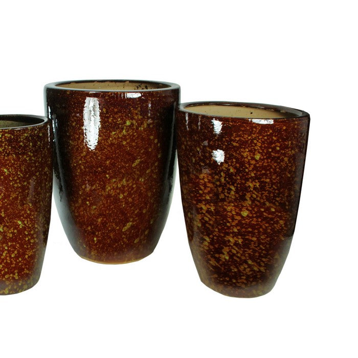 3 Piece Contemporary Style Round Glazed Ceramic Pot, Brown