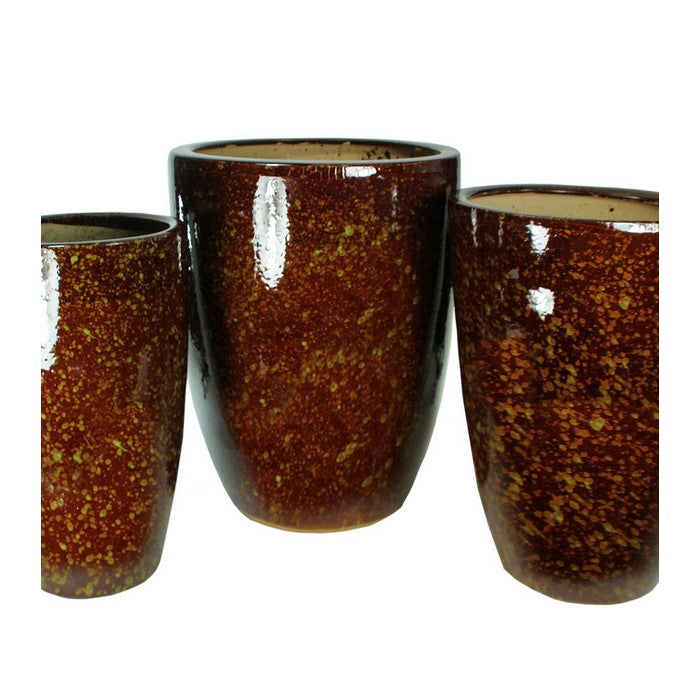 3 Piece Contemporary Style Round Glazed Ceramic Pot, Brown