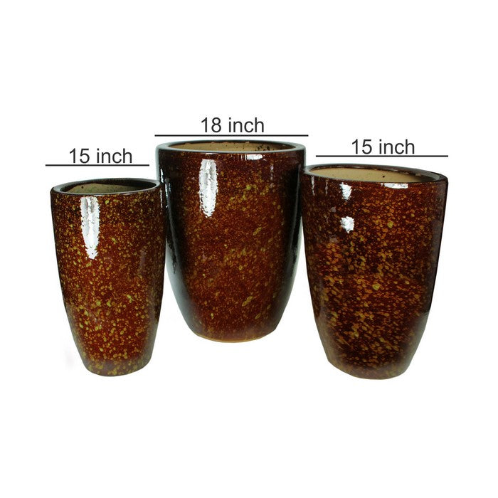 3 Piece Contemporary Style Round Glazed Ceramic Pot, Brown