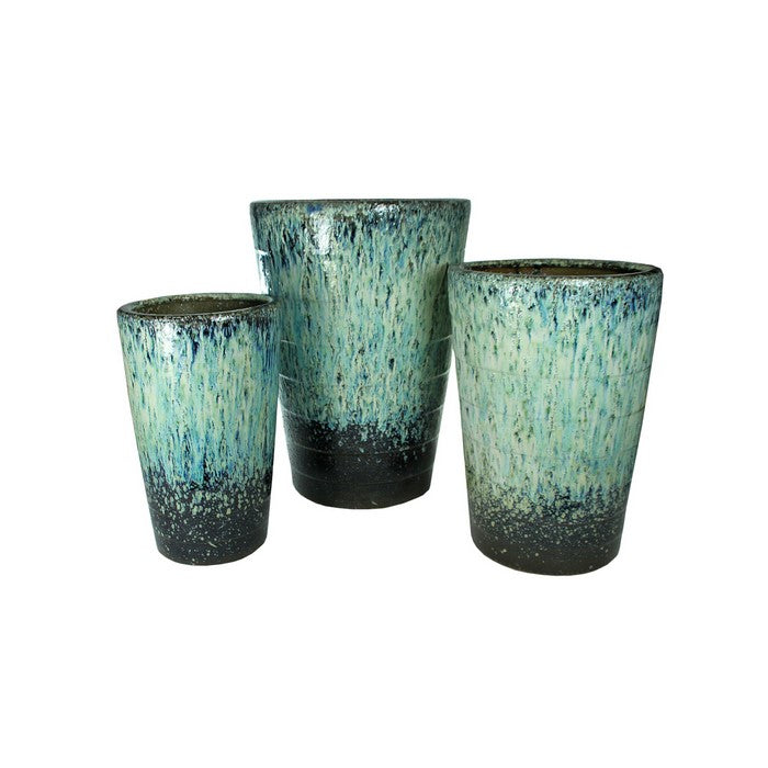 3 Piece Distressed Ceramic Pots with Tapered Bottom, Blue and White