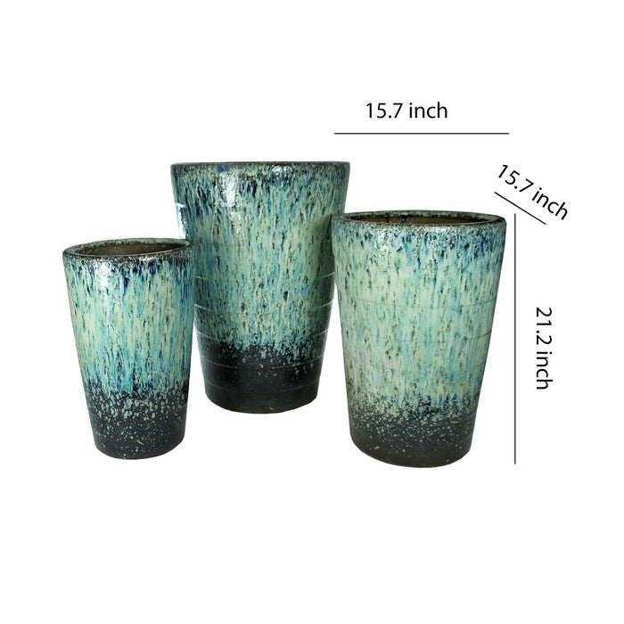 3 Piece Distressed Ceramic Pots with Tapered Bottom, Blue and White
