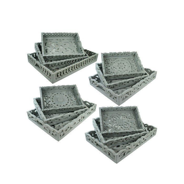 3 Piece Mirror Inset Tray Set with Wood Carvings,Assortment of 4,Gray