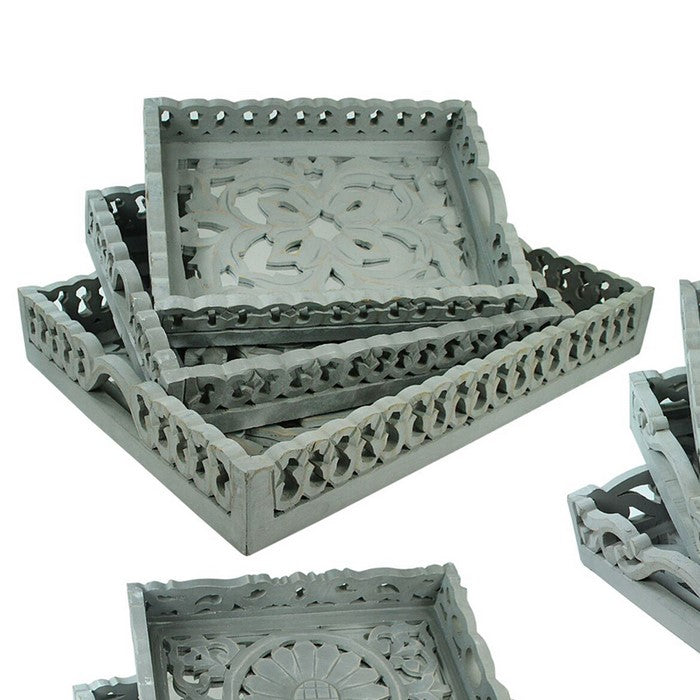 3 Piece Mirror Inset Tray Set with Wood Carvings,Assortment of 4,Gray