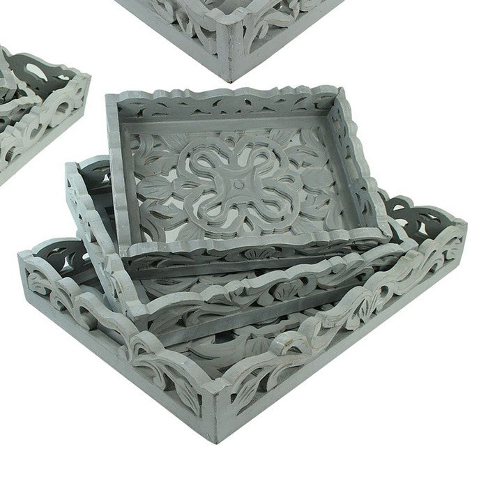 3 Piece Mirror Inset Tray Set with Wood Carvings,Assortment of 4,Gray