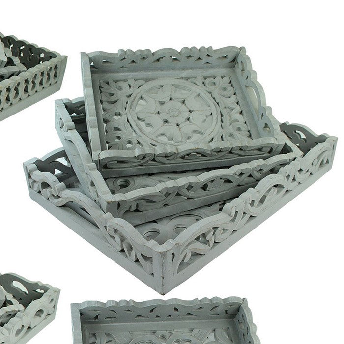 3 Piece Mirror Inset Tray Set with Wood Carvings,Assortment of 4,Gray