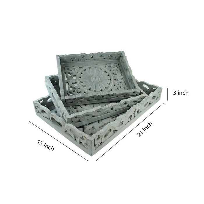 3 Piece Mirror Inset Tray Set with Wood Carvings,Assortment of 4,Gray