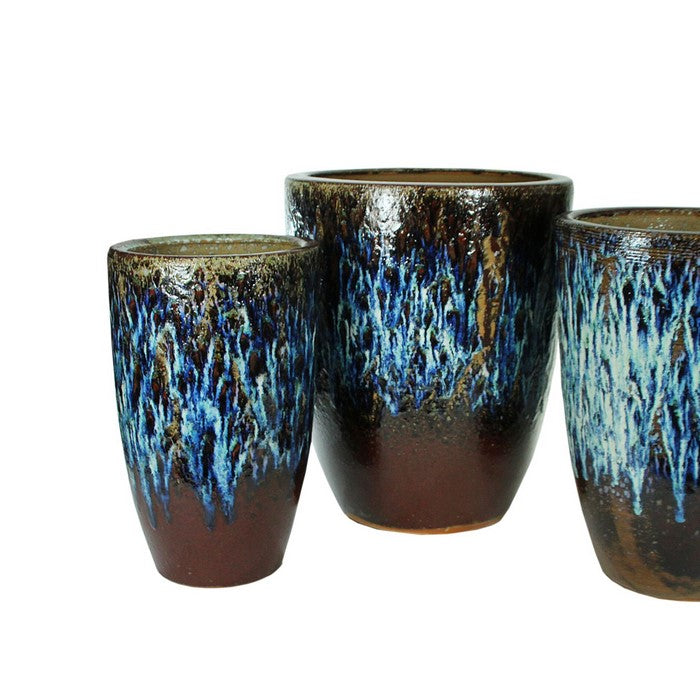 3 Piece Round Ceramic Pot with Distressed Details, Blue and Brown