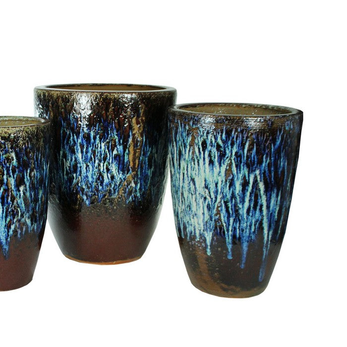 3 Piece Round Ceramic Pot with Distressed Details, Blue and Brown