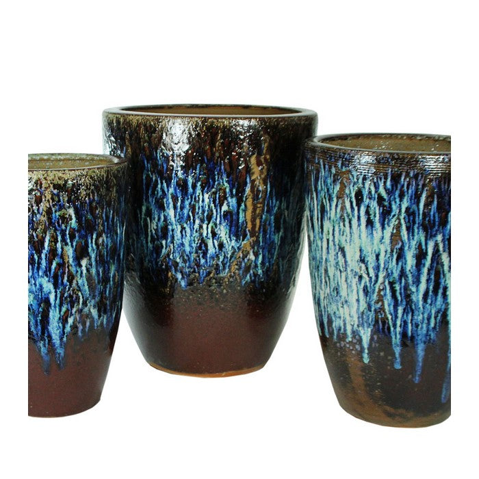 3 Piece Round Ceramic Pot with Distressed Details, Blue and Brown