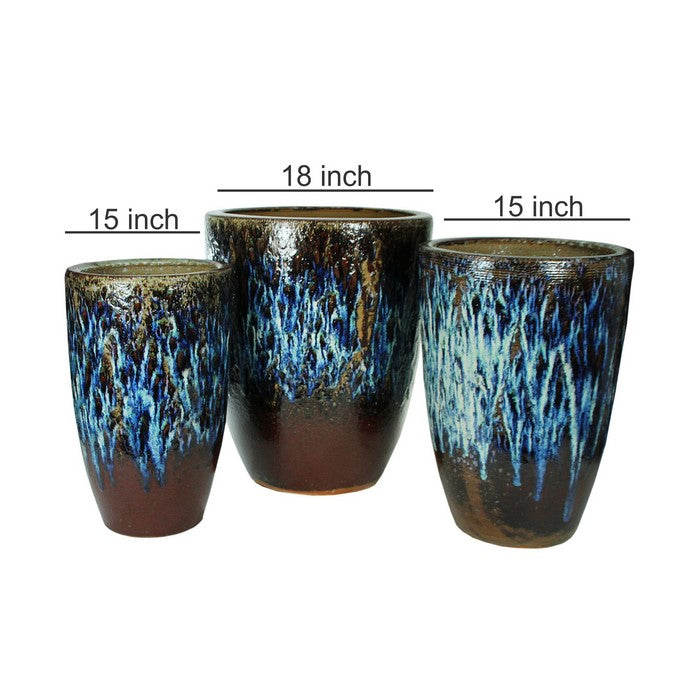 3 Piece Round Ceramic Pot with Distressed Details, Blue and Brown