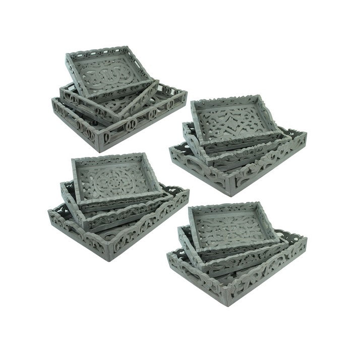 3 Piece Wooden Tray Set with Mirror Inset, Assortment of 4, Gray