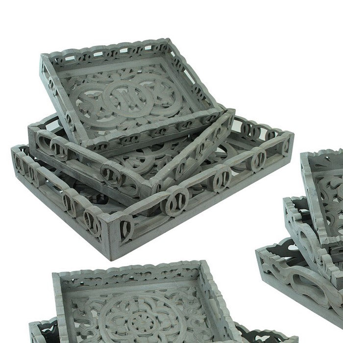 3 Piece Wooden Tray Set with Mirror Inset, Assortment of 4, Gray
