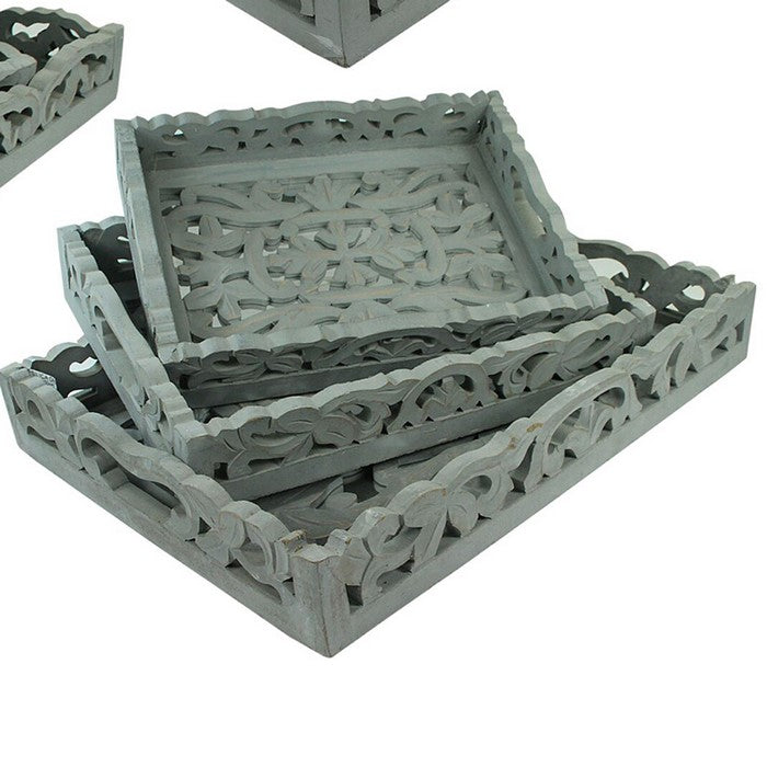3 Piece Wooden Tray Set with Mirror Inset, Assortment of 4, Gray
