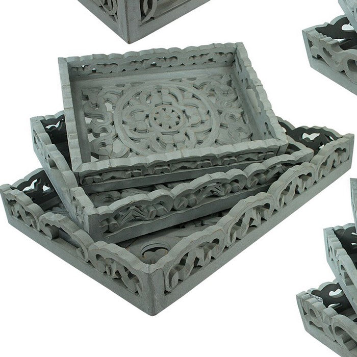 3 Piece Wooden Tray Set with Mirror Inset, Assortment of 4, Gray