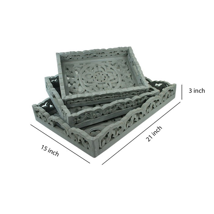 3 Piece Wooden Tray Set with Mirror Inset, Assortment of 4, Gray