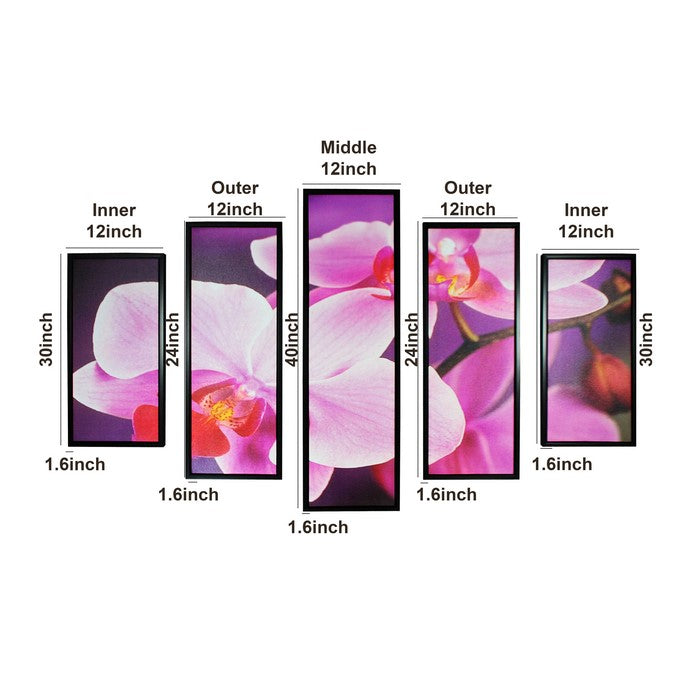 5 Piece Contemporary Floral Print Wooden WallDecor,Pink and Black