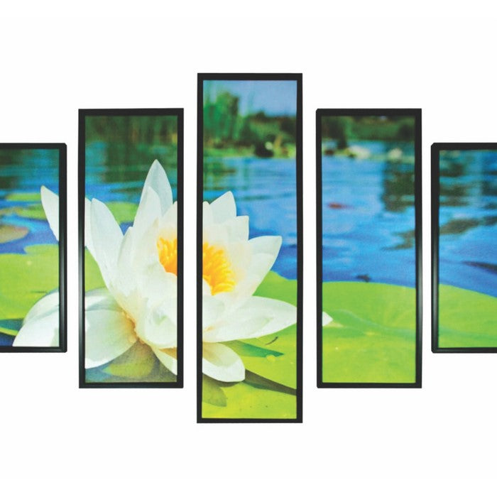 5 Piece Wood WallDecor with Lotus Flower and Lake Imprint,Multicolor