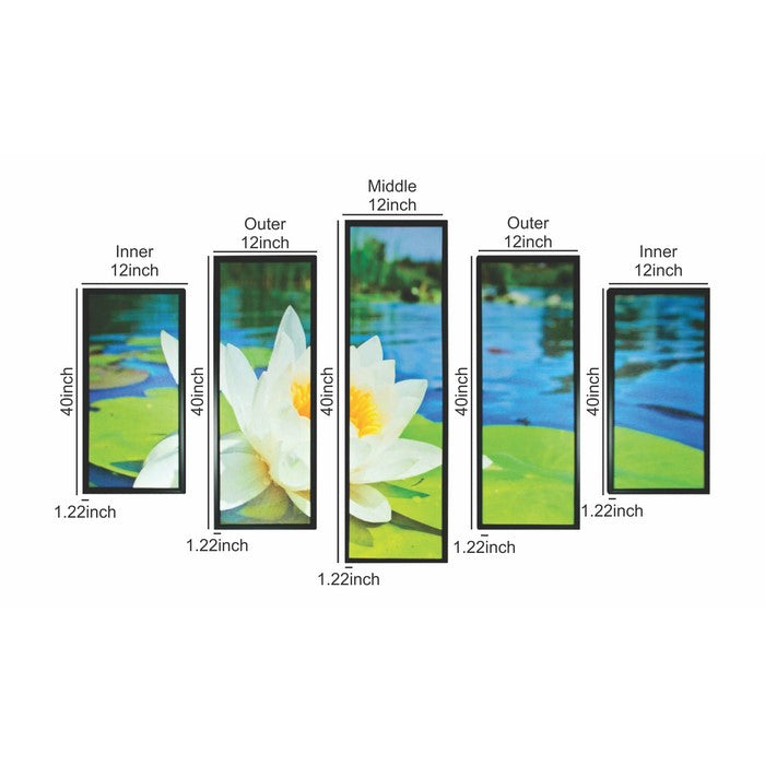 5 Piece Wood WallDecor with Lotus Flower and Lake Imprint,Multicolor