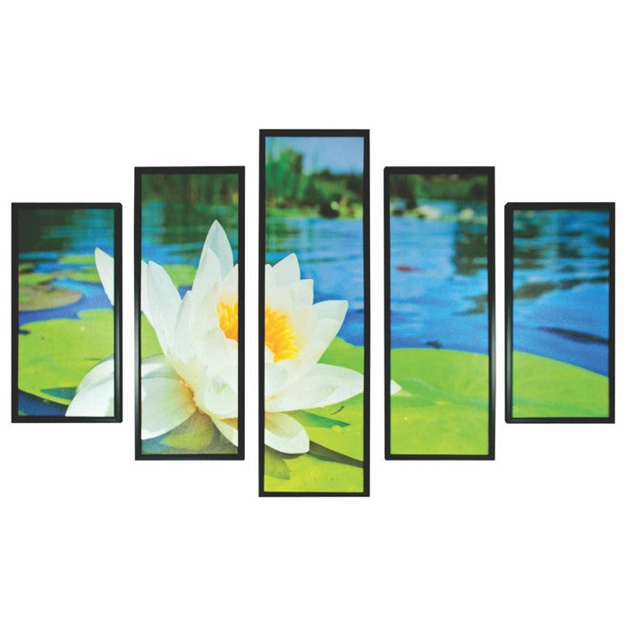 5 Piece Wood WallDecor with Lotus Flower and Lake Imprint,Multicolor