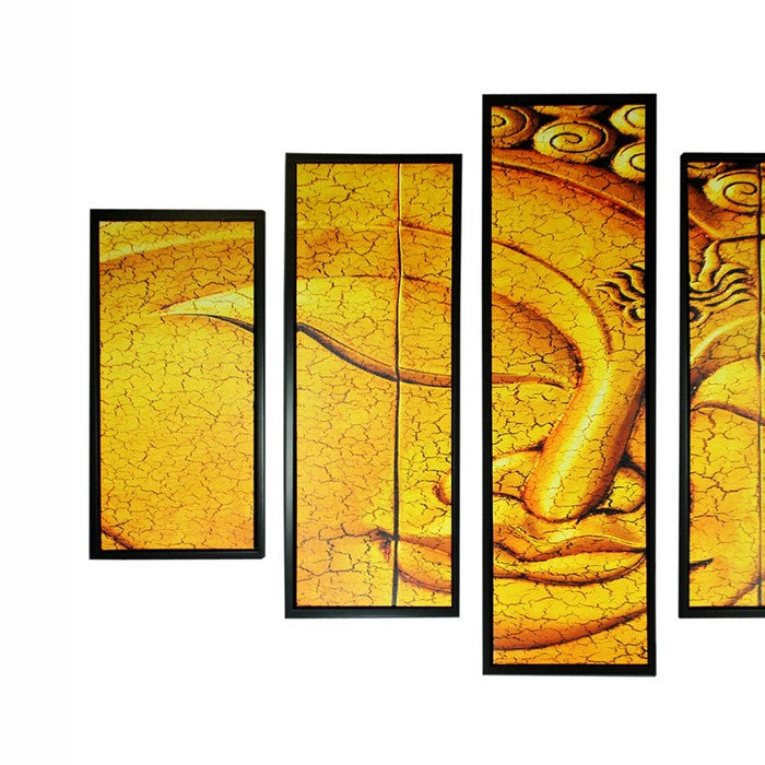 5 Piece Wood WallDecor with Sleeping Buddha Print, Yellow and Black