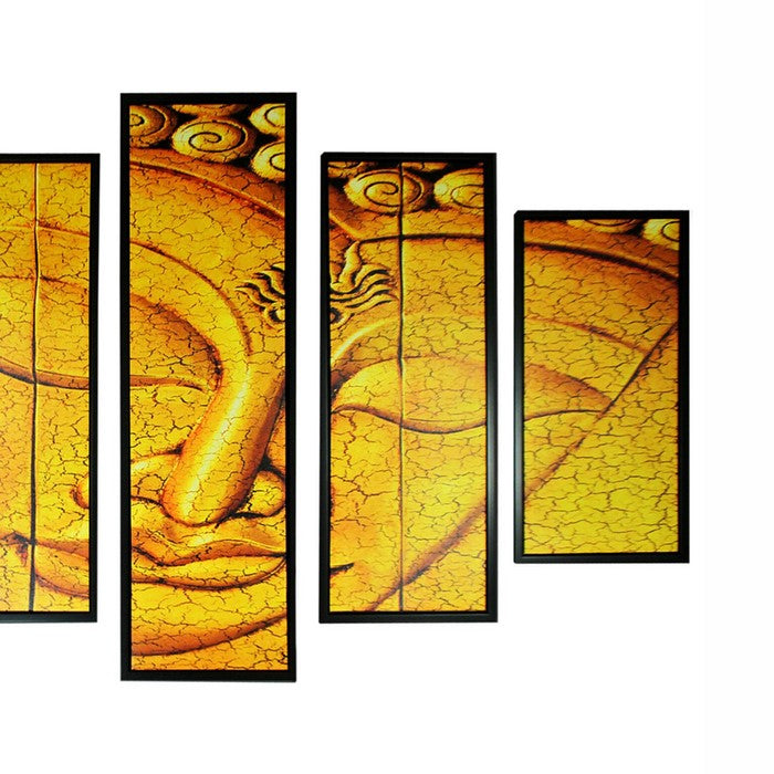 5 Piece Wood WallDecor with Sleeping Buddha Print, Yellow and Black