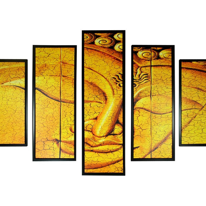5 Piece Wood WallDecor with Sleeping Buddha Print, Yellow and Black