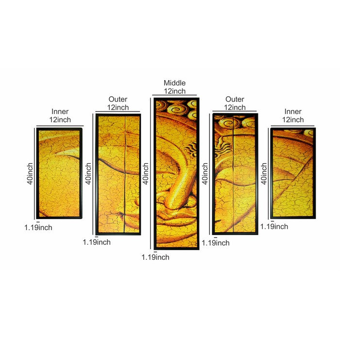 5 Piece Wood WallDecor with Sleeping Buddha Print, Yellow and Black