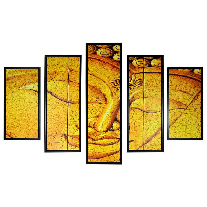 5 Piece Wood WallDecor with Sleeping Buddha Print, Yellow and Black