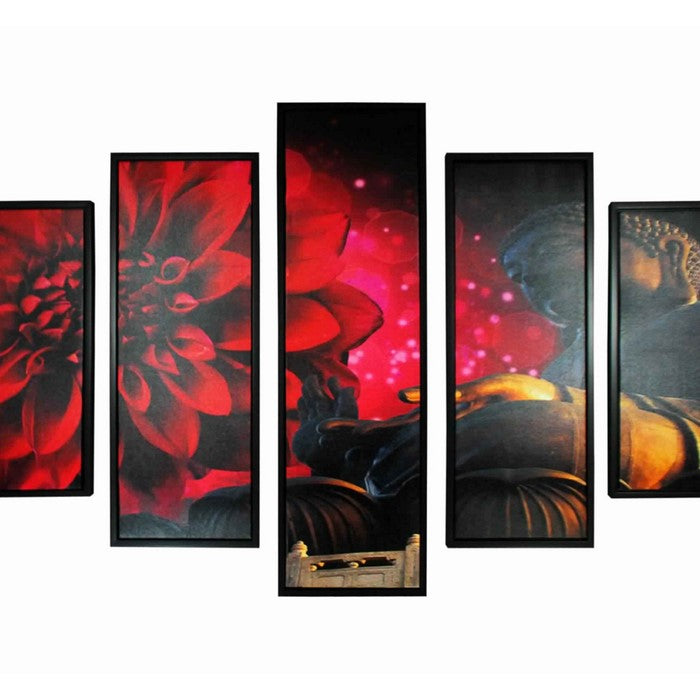 5 Piece Wooden WallDecor with Buddha and Flower Imprint, Multicolor