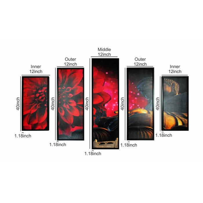5 Piece Wooden WallDecor with Buddha and Flower Imprint, Multicolor