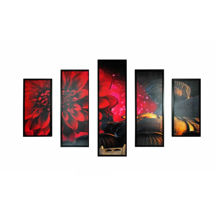 5 Piece Wooden WallDecor with Buddha and Flower Imprint, Multicolor