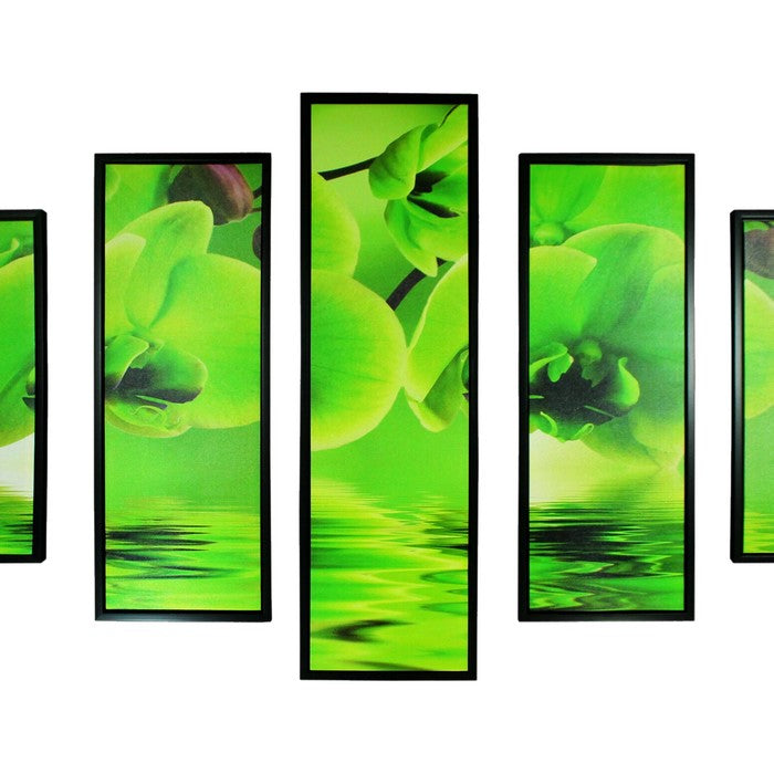 5 Piece Wooden WallDecor with Floral Imprint, Green and Black