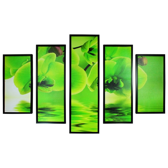 5 Piece Wooden WallDecor with Floral Imprint, Green and Black