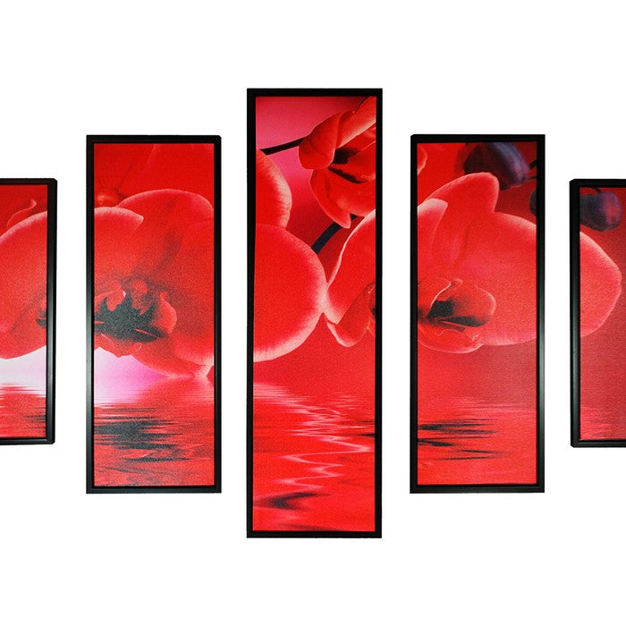 5 Piece Wooden WallDecor with Floral Imprint, Red and Black