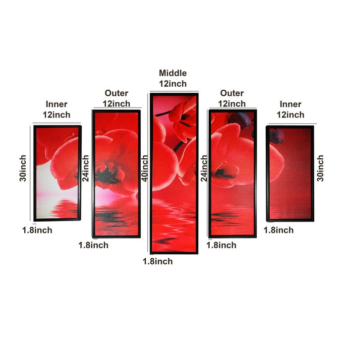 5 Piece Wooden WallDecor with Floral Imprint, Red and Black