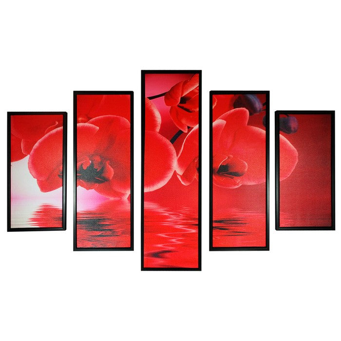 5 Piece Wooden WallDecor with Floral Imprint, Red and Black
