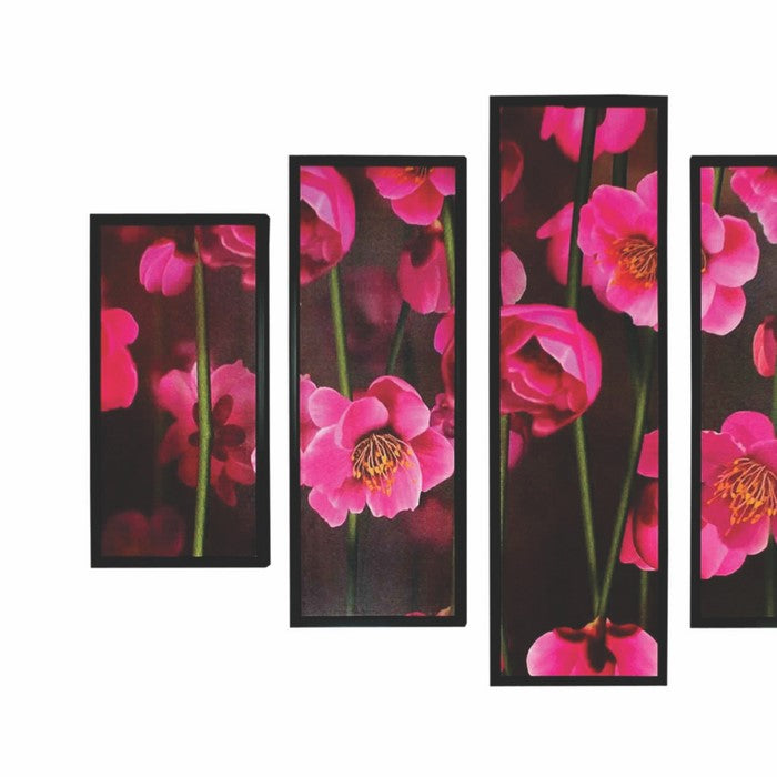 5 Piece Wooden WallDecor with Floral Print, Pink and Black