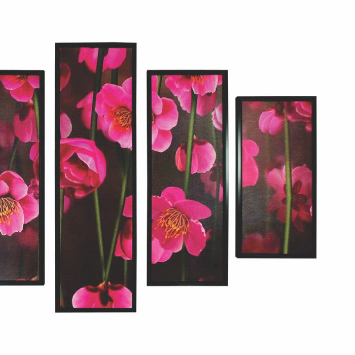 5 Piece Wooden WallDecor with Floral Print, Pink and Black