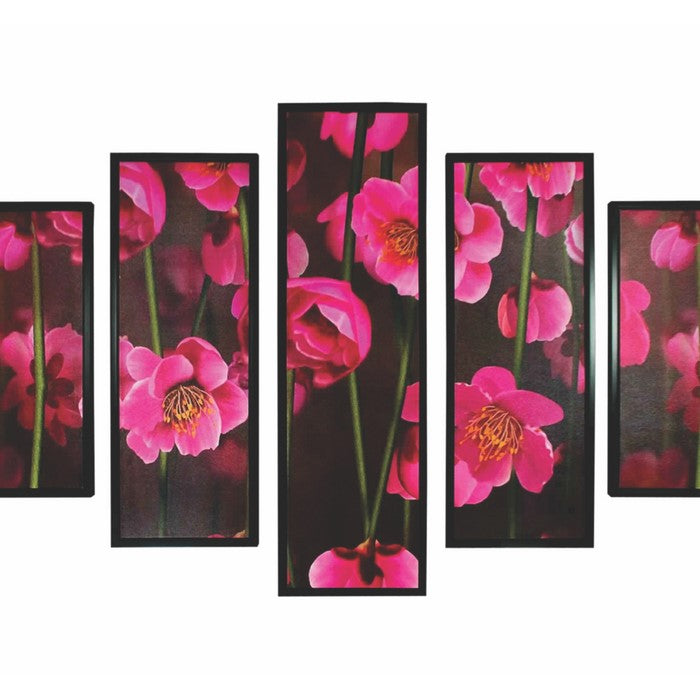5 Piece Wooden WallDecor with Floral Print, Pink and Black