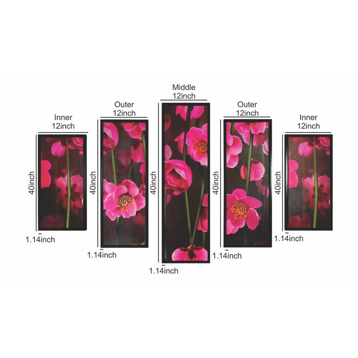 5 Piece Wooden WallDecor with Floral Print, Pink and Black