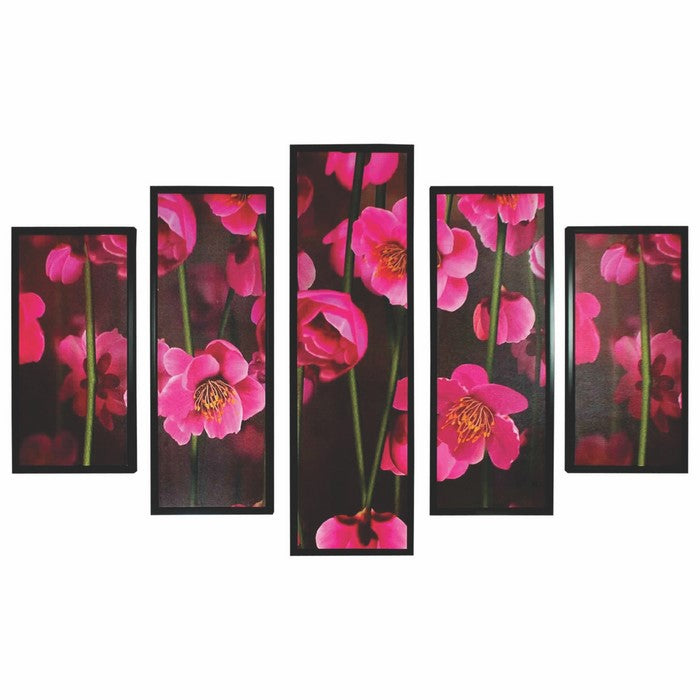 5 Piece Wooden WallDecor with Floral Print, Pink and Black