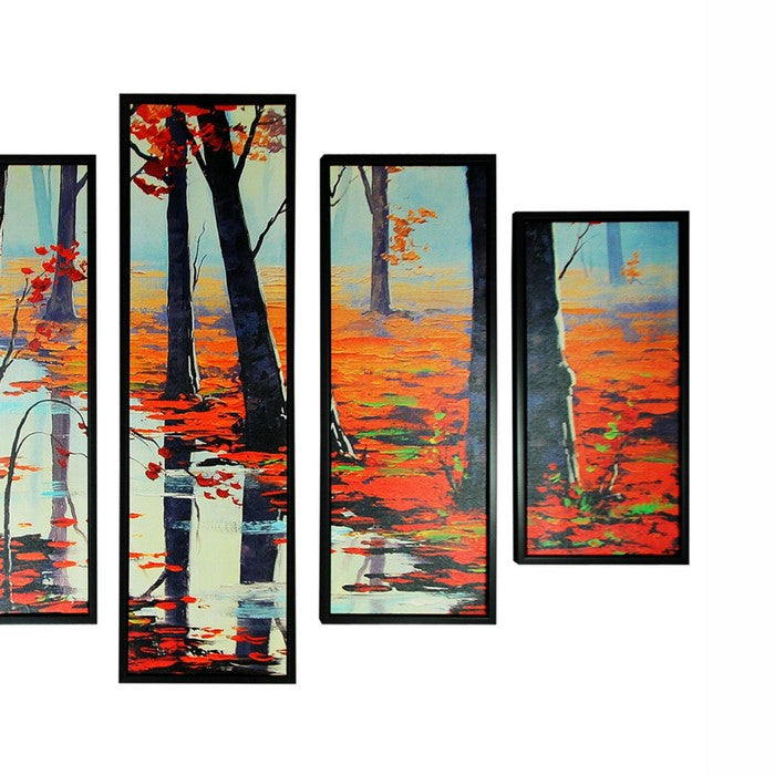 5 Piece Wooden WallDecor with Maple Tree in Autumn Sketch, Multicolor