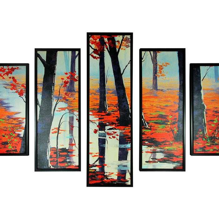 5 Piece Wooden WallDecor with Maple Tree in Autumn Sketch, Multicolor
