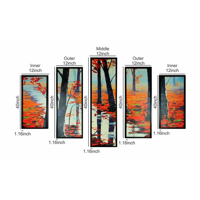 5 Piece Wooden WallDecor with Maple Tree in Autumn Sketch, Multicolor