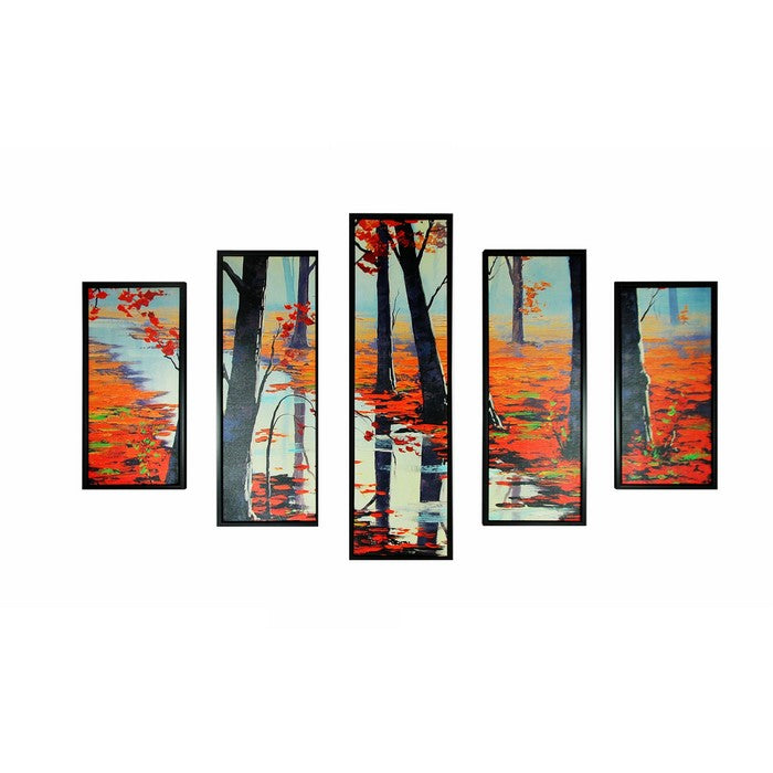 5 Piece Wooden WallDecor with Maple Tree in Autumn Sketch, Multicolor